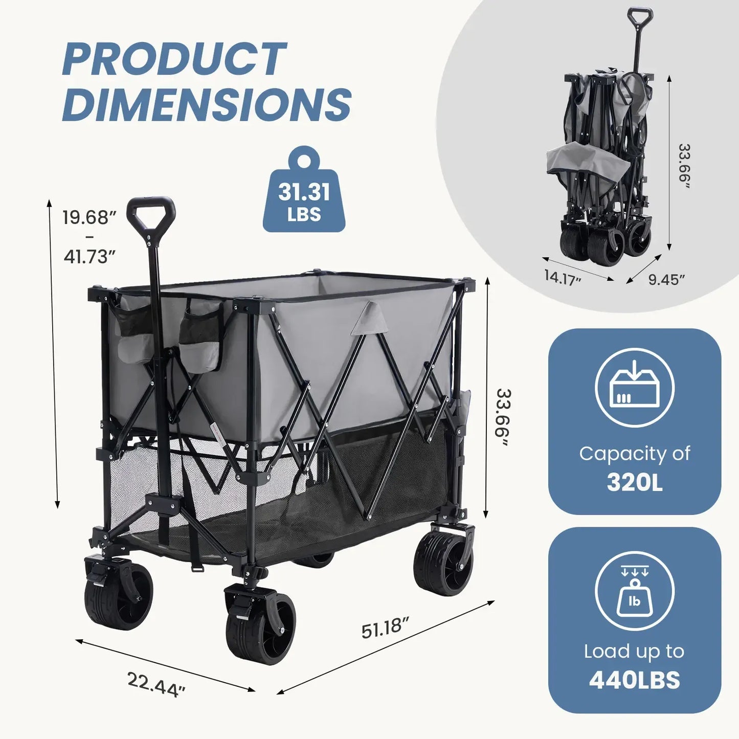 Foldable Utility Wagon – 320L Large Capacity, 440 lbs Load, All-Terrain Wheels