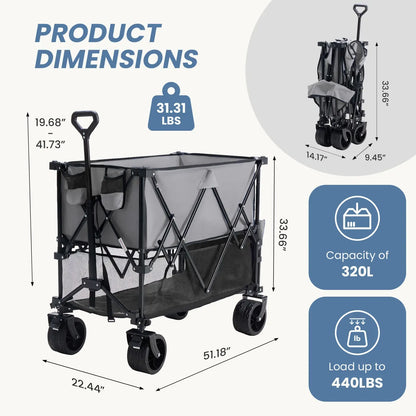 Foldable Utility Wagon – 320L Large Capacity, 440 lbs Load, All-Terrain Wheels
