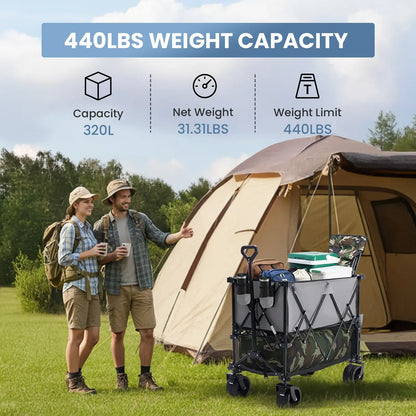 Foldable Utility Wagon – 320L Large Capacity, 440 lbs Load, All-Terrain Wheels