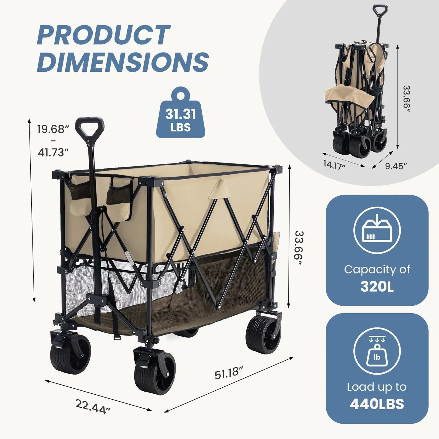 Foldable Utility Wagon – 320L Large Capacity, 440 lbs Load, All-Terrain Wheels
