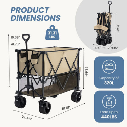 Foldable Utility Wagon – 320L Large Capacity, 440 lbs Load, All-Terrain Wheels