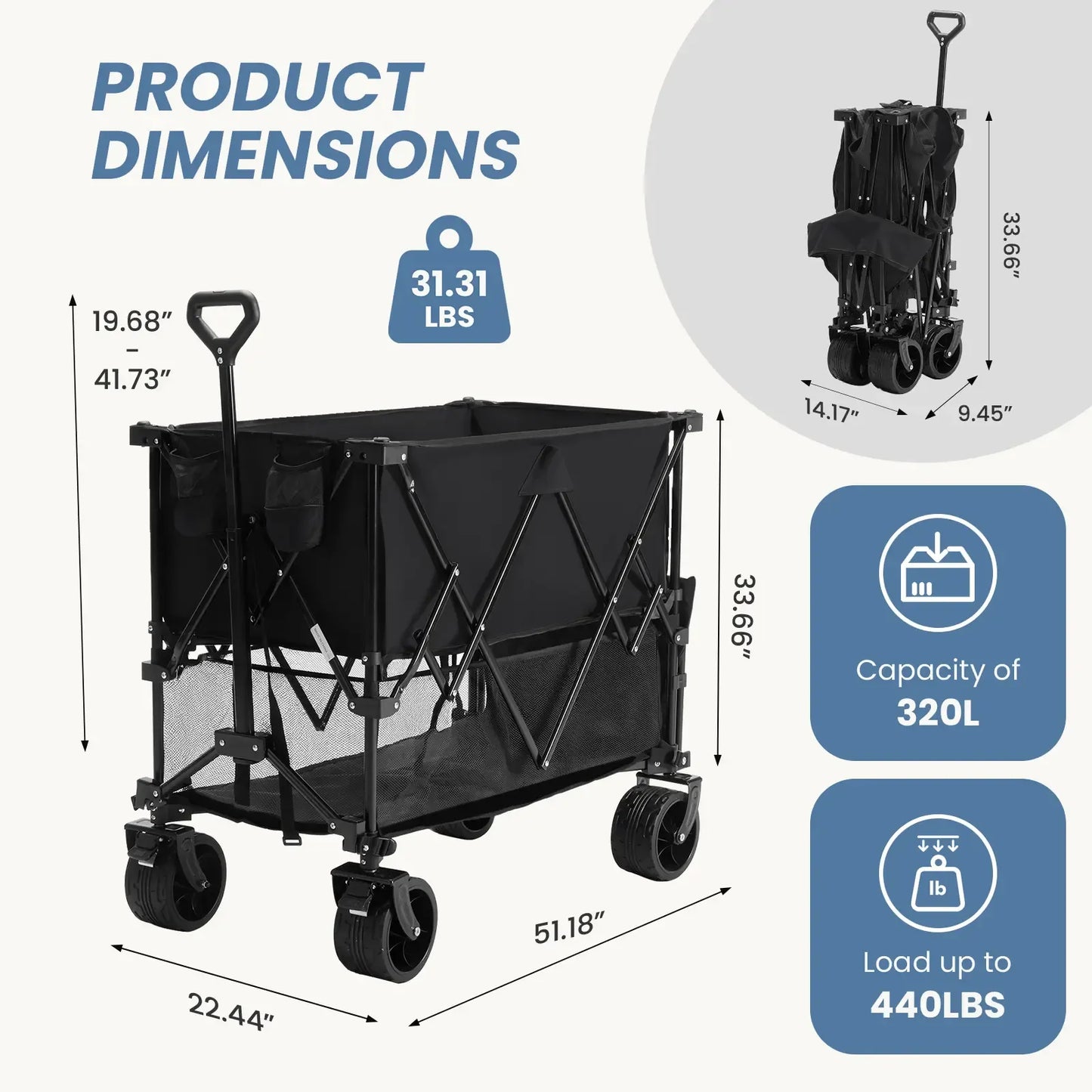 Foldable Utility Wagon – 320L Large Capacity, 440 lbs Load, All-Terrain Wheels