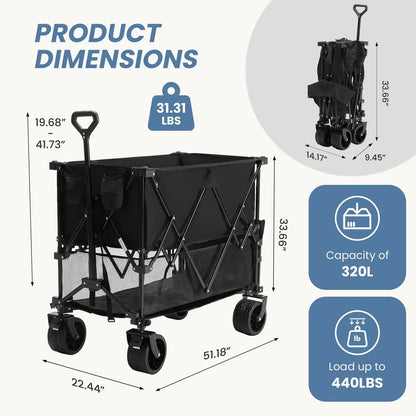 Foldable Utility Wagon – 320L Large Capacity, 440 lbs Load, All-Terrain Wheels