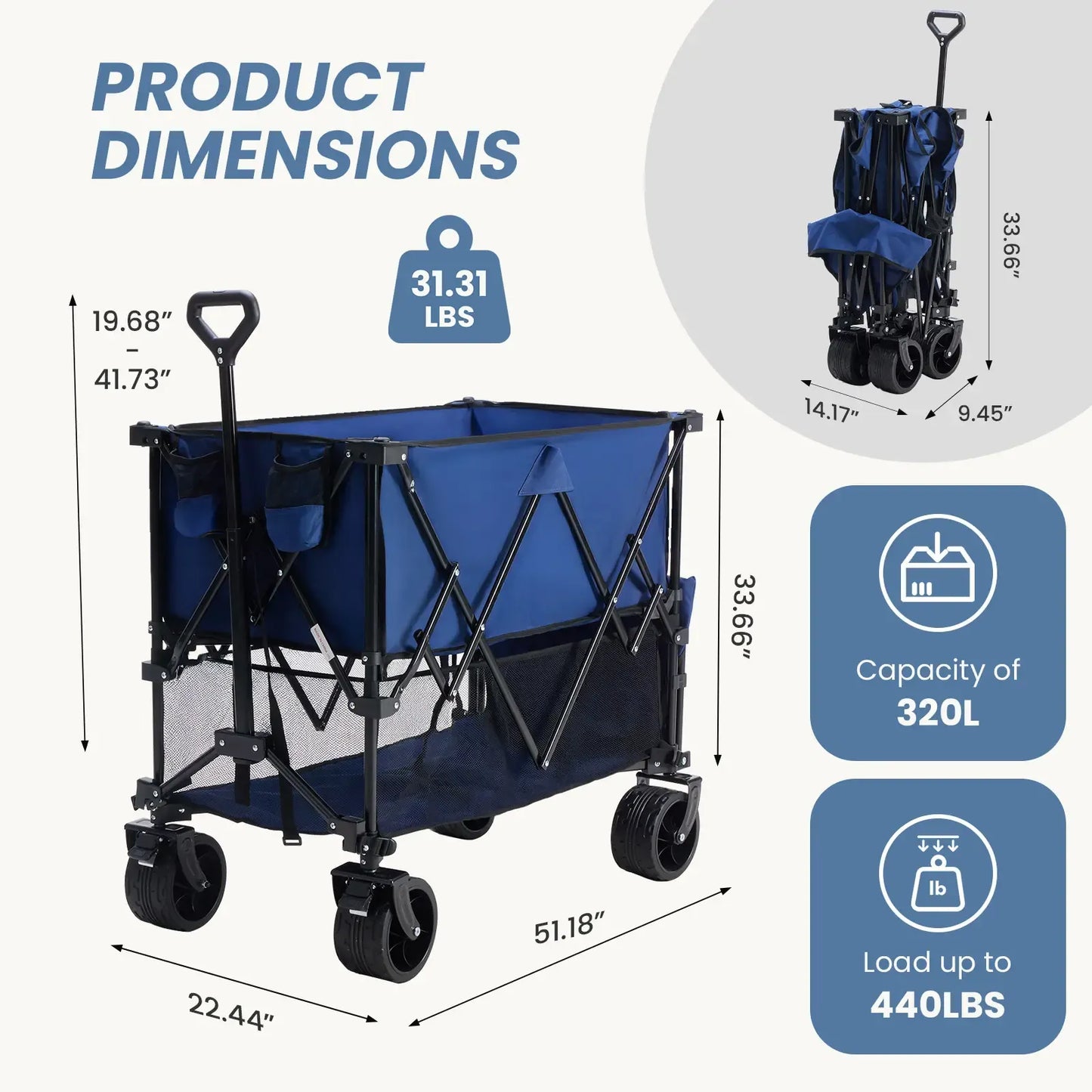 Foldable Utility Wagon – 320L Large Capacity, 440 lbs Load, All-Terrain Wheels
