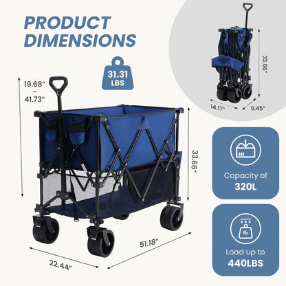 Foldable Utility Wagon – 320L Large Capacity, 440 lbs Load, All-Terrain Wheels